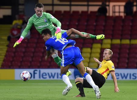 Football Soccer Britain - Watford v Gillingham - EFL Cup Second Round - Vicarage Road - 23/8/16 Gillingham's Stuart Nelson and Josh Pask in action with Watford's Matej Vydra Action Images via Reuters / Alan Walter