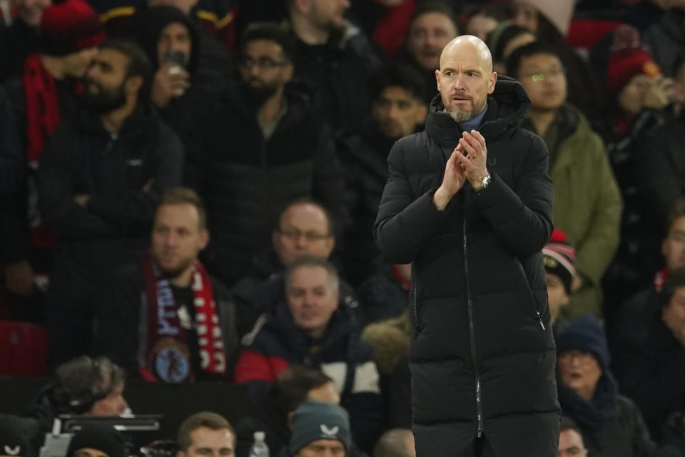 Manchester United's head coach Erik ten Hag reacts during the English Premier League soccer match between Manchester United and Aston Villa at the Old Trafford stadium in Manchester, England, Tuesday, Dec. 26, 2023. (AP Photo/Dave Thompson)