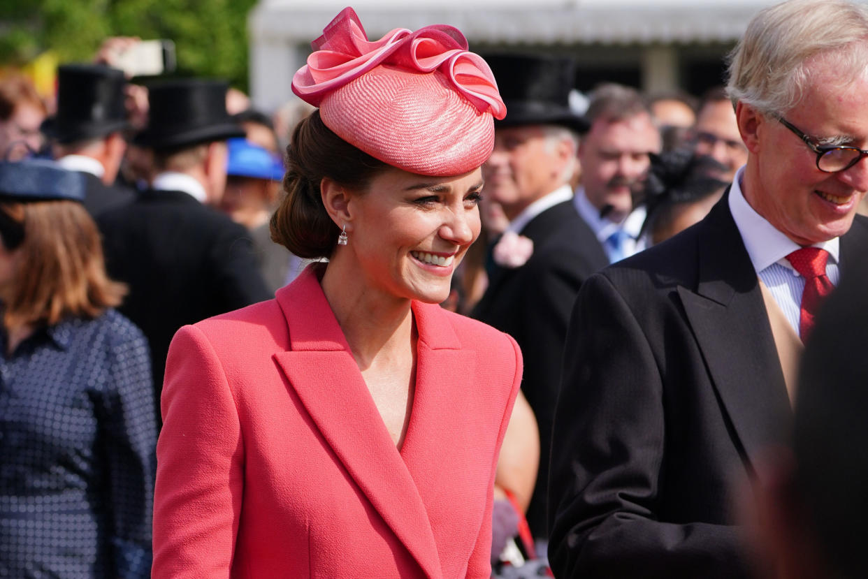 LONDON, ENGLAND - MAY 18: Kate Middleton meets with guests at the Queen's Garden Party at Buckingham Palace on May 18, 2022 in London, England. (Photo by Dominic Lipinski - WPA Pool/Getty Images)