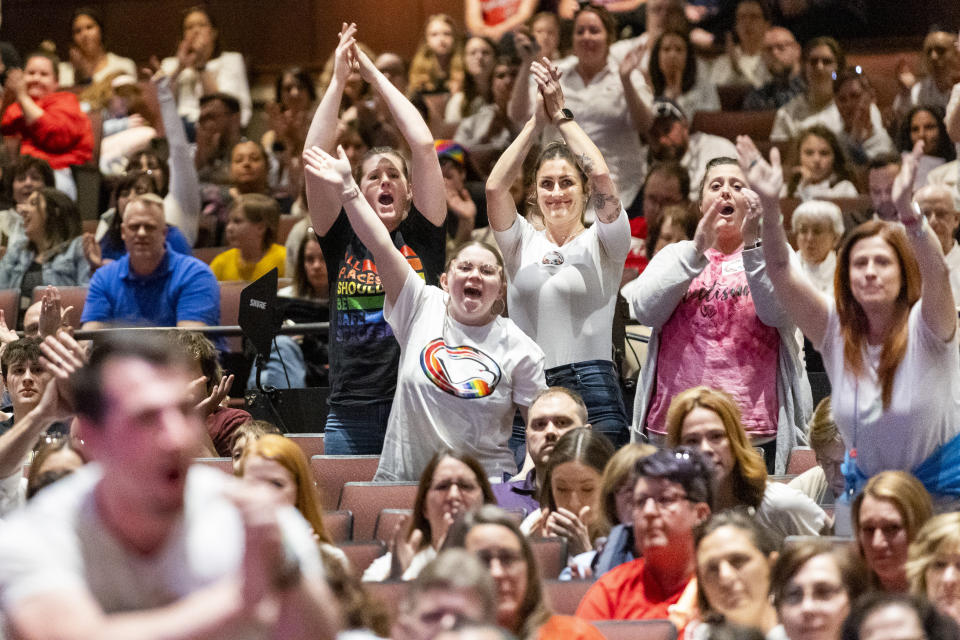 Supporters of reinstating the Maulik Pancholy assembly cheer during the Cumberland Valley School Board special meeting to discuss their decision to cancel the assembly. April 24, 2024 in Mechanicsburg, Pa. The Cumberland Valley School District’s board voted 5-4 Wednesday to allow Pancholy, who is gay, to speak against bullying during a May 22 assembly at Mountain View Middle School. (Joe Hermitt/The Patriot-News via AP)