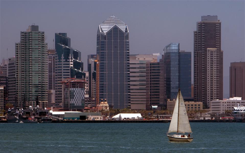 The San Diego skyline is pictured from San Diego Harbor on July 28, 2015.