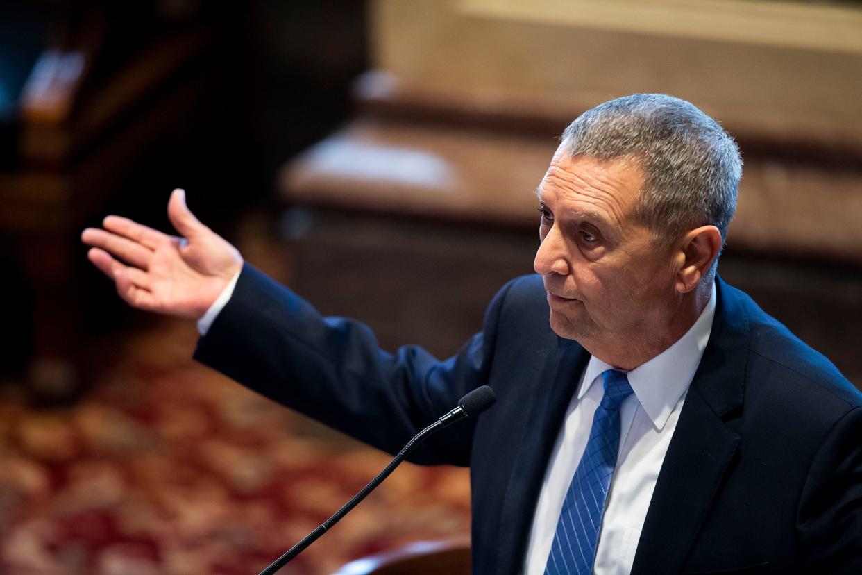 IA Sen. Tony Bisignano, D-Des Moines, speaks in the Iowa Senate during a special session on redistricting maps, Tuesday, Oct. 5, 2021, at the Iowa State Capitol in Des Moines. 