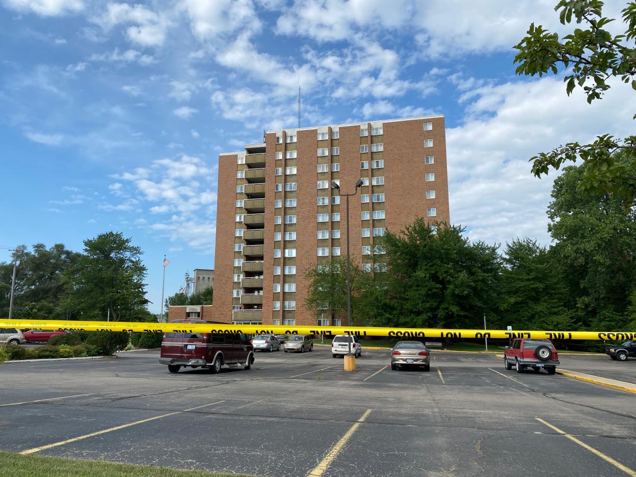 The Riverview Terrace apartment building in Adrian is pictured July 28, 2022. The city of Adrian has extended its local state of emergency due to the approximately 200 residents of the building who have been displaced after structural problems in the building forced its evacuation July 25, 2022.