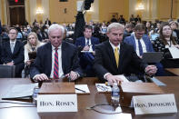 Jeffrey Rosen, former acting Attorney General, left, and Richard Donoghue, former acting Deputy Attorney General, arrive as the House select committee investigating the Jan. 6 attack on the U.S. Capitol continues to reveal its findings of a year-long investigation, at the Capitol in Washington, Thursday, June 23, 2022. (AP Photo/Jacquelyn Martin)