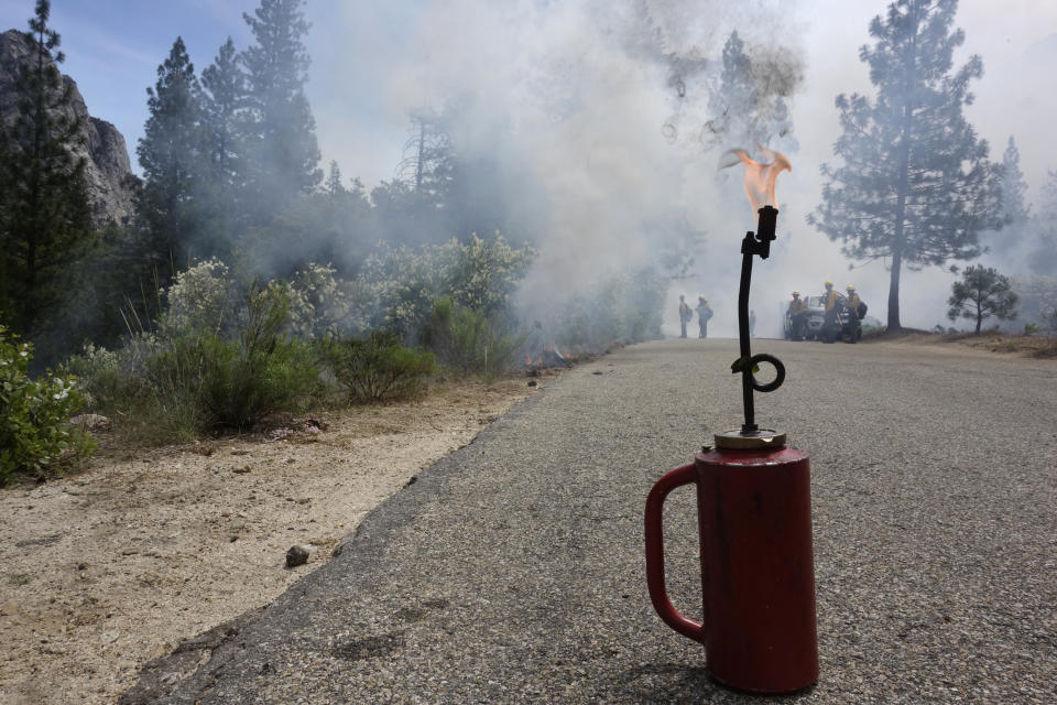 In this June 11, 2019 photo, a drip torch burns as firefighters in the distance monitor a fire burning in Kings Canyon National Park, Calif. The prescribed burn, a low-intensity, closely managed fire, was intended to clear out undergrowth and protect the heart of Kings Canyon National Park from a future threatening wildfire. The tactic is considered one of the best ways to prevent the kind of catastrophic destruction that has become common, but its use falls woefully short of goals in the West. (AP Photo/Brian Melley)