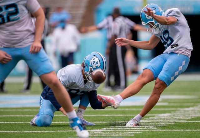 North Carolina kicker Noah Burnette (98) connects for a field goal at the Tar Heels’ open practice on Saturday, March 25, 2023 at Kenan Stadium in Chapel Hill. N.C.