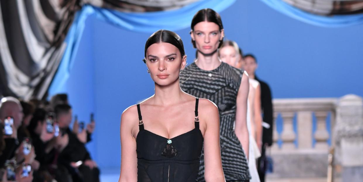 emily ratajkowski on the runway at tory burch fall 2023 ready to wear fashion show on february 13, 2023 in new york, new york photo by rodin banicawwd via getty images