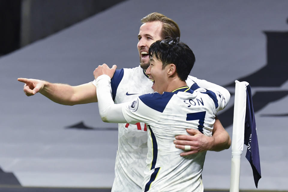 Harry Kane (back) and Son Heung-min give Spurs hope in the title chase despite their recent struggles. (Glyn Kirk/Pool via AP)