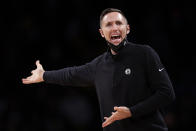 Brooklyn Nets head coach Steve Nash reacts during the second half of an NBA basketball game against the Denver Nuggets, Wednesday, Jan. 26, 2022, in New York. The Nuggets won 124-118. (AP Photo/Adam Hunger)