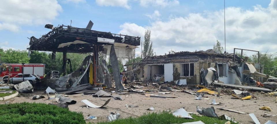 A petrol station heavily damaged by an aerial bomb during a Russian air strike (via REUTERS)