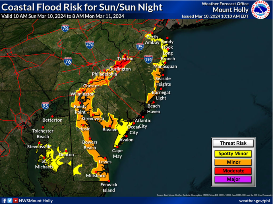 Coastal Flood Risk for New Jersey, Pennsylvania and Delaware on Sunday, March 10, 2024.