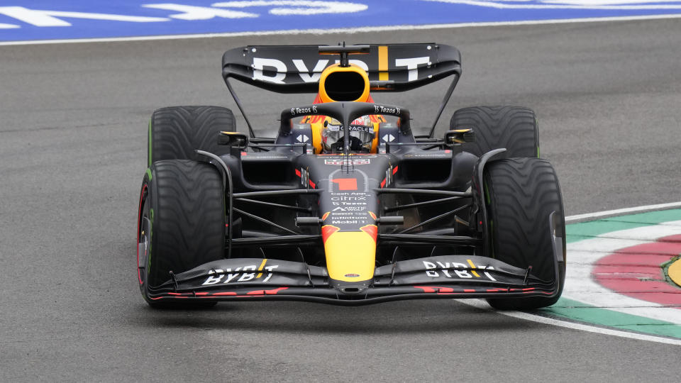 Red Bull driver Max Verstappen of the Netherlands steers his car during the qualifying session for Sunday's Emilia Romagna Formula One Grand Prix, at the Dino and Enzo Ferrari racetrack, in Imola, Italy, Friday, April 22, 2022. (AP Photo/Luca Bruno)
