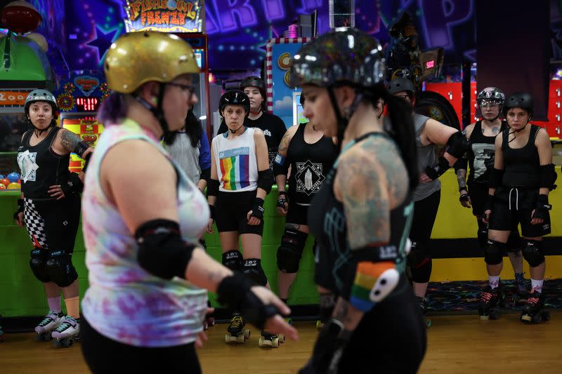 New York's Long Island Roller Rebels practice at the United Skates of America Roller Skating facility in Massapequa, New York