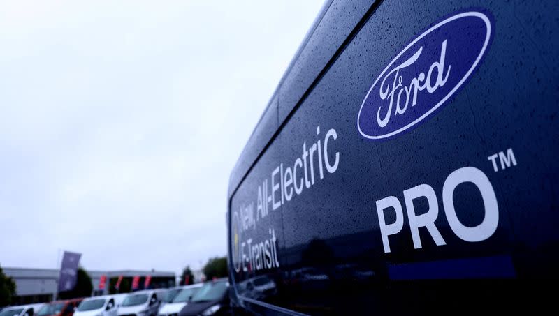 FILE PHOTO: A Ford Electric E-Transit is displayed on a Ford dealership forecourt