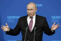 Russian President Vladimir Putin speaks during a news conference after his meeting with U.S President Joe Biden at the 'Villa la Grange' in Geneva, Switzerland in Geneva, Switzerland, Wednesday, June 16, 2021. (AP Photo/Alexander Zemlianichenko, Pool)