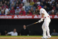 Los Angeles Angels' Mike Trout watches a foul ball during the fourth inning of a baseball game against the Minnesota Twins, Friday, April 26, 2024, in Anaheim, Calif. (AP Photo/Ryan Sun)