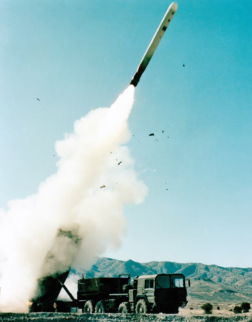 1982 - A ground-launched cruise missile (GLCM) rises away from the Transporter-Erector-Launcher (TEL) during a test firing.. (Photo by: HUM Images/Universal Images Group via Getty Images)