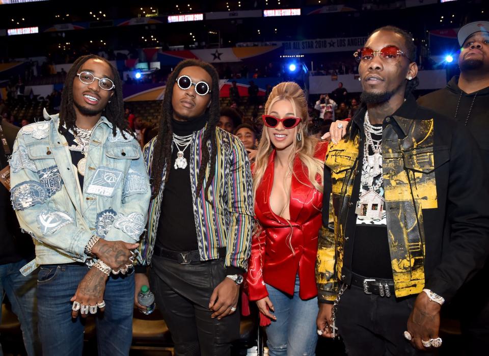 Quavo and Takeoff of Migos, Cardi B, and Offset of Migos attend the 67th NBA All-Star Game: Team LeBron Vs. Team Stephen at Staples Center on February 18, 2018 in Los Angeles, California.