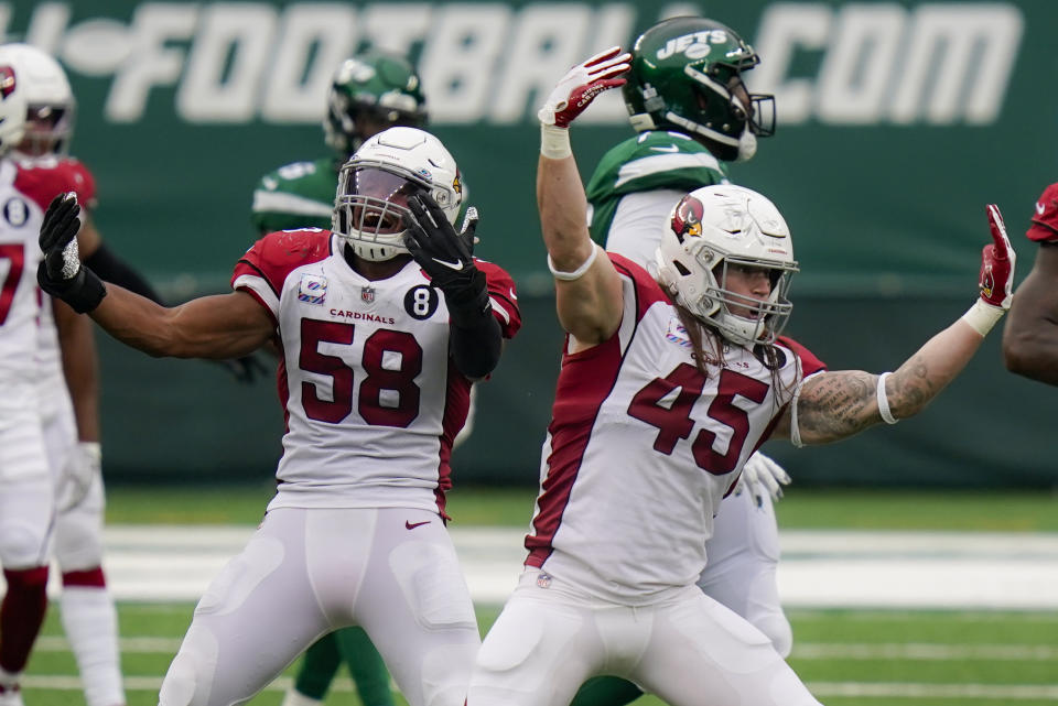 Arizona Cardinals linebacker Dennis Gardeck (45) celebrates with middle linebacker Jordan Hicks (58) after sacking New York Jets quarterback Joe Flacco during the second half of an NFL football game, Sunday, Oct. 11, 2020, in East Rutherford. (AP Photo/Seth Wenig)