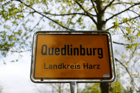 A city sign is pictured on a street in Quedlinburg, Germany, May 4, 2019. Picture taken May 4, 2019. REUTERS/Fabrizio Bensch