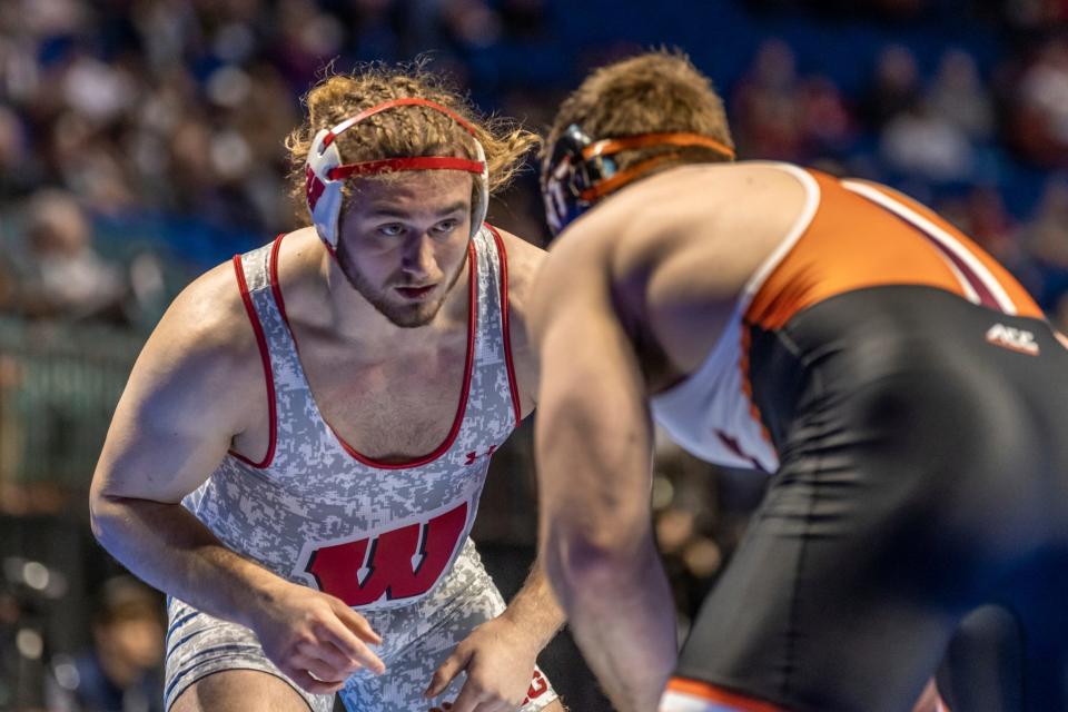 Wisconsin's Trent Hillger competes at the 2023 NCAA Championships in Tulsa, Okla. He finished eighth to claim his fourth All-American honor.