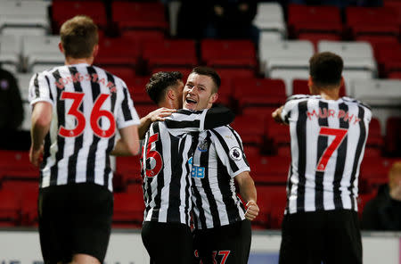 Soccer Football - FA Cup Third Round Replay - Blackburn Rovers v Newcastle United - Ewood Park, Blackburn, Britain - January 15, 2019 Newcastle United's Callum Roberts celebrates scoring their second goal with Jacob Murphy and team mates REUTERS/Andrew Yates