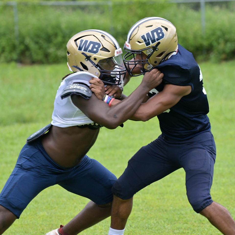 West Boca Raton football players engage in a practice rep during fall camp on Aug. 15, 2023.