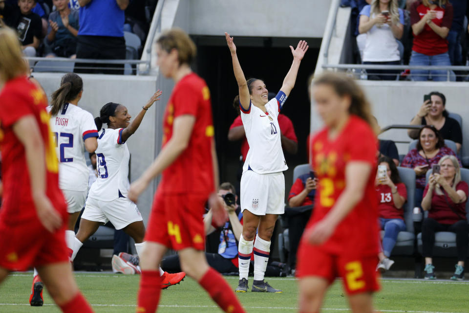 U.S. forward Carli Lloyd (10) celebrates her second goal against Belgium during the first half of an international friendly soccer match Sunday, April 7, 2019, in Los Angeles. (AP Photo/Ringo H.W. Chiu)