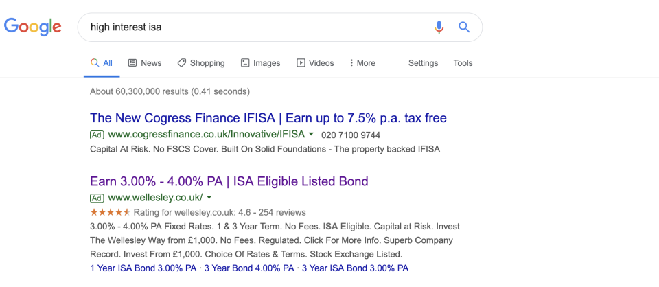Adverts for a bond alongside search results for high interest ISAs. Photo: Screenshot/Yahoo Finance UK