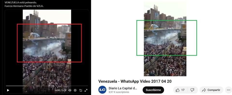 <span>Comparación entre capturas de pantalla de una publicación en X con el video viral (I) y un video en YouTube, hecha el 29 de julio de 2024</span>