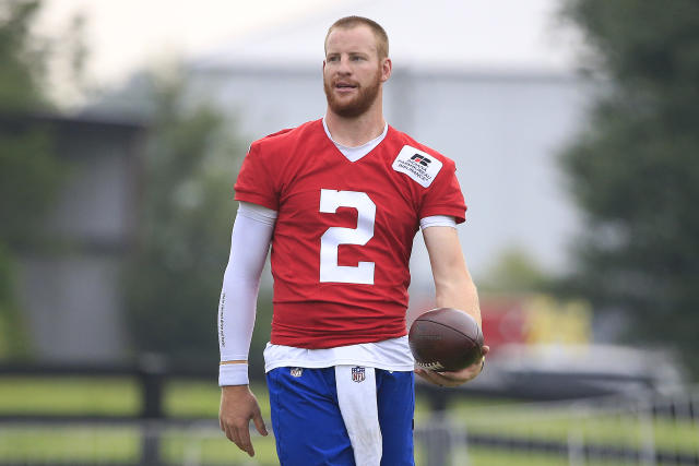WESTFIELD, INDIANA - JULY 28: Carson Wentz #2 of the Indianapolis Colts on the field during the Indianapolis Colts Training Camp at Grand Park on July 28, 2021 in Westfield, Indiana. (Photo by Justin Casterline/Getty Images)