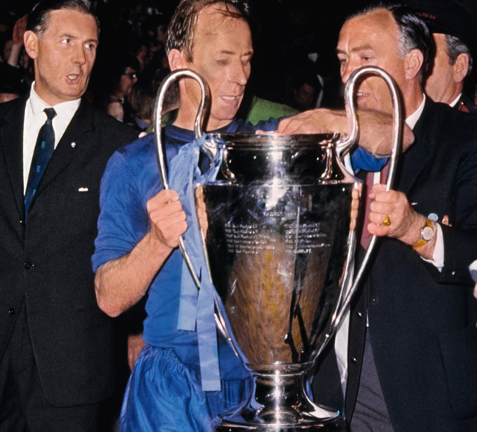 Bobby Charlton with the European Cup in 1968 – but he did not celebrate post-match