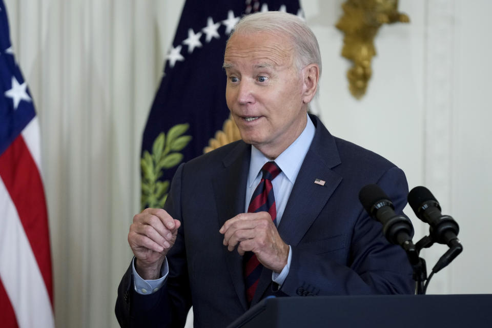 President Joe Biden speaks about lowering health care costs, Friday, July 7, 2023, in the East Room of the White House in Washington. (AP Photo/Patrick Semansky)