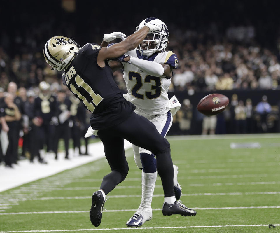 No penalty was called on the Rams’ Nickell Robey-Coleman as he defended the Saints’ Tommylee Lewis. (AP)