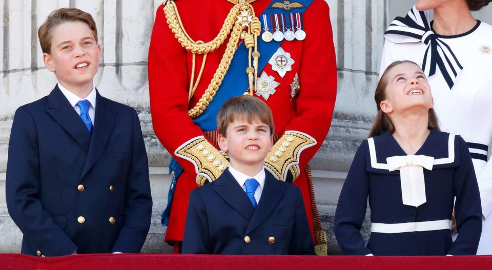 <p>Max Mumby/Indigo/Getty</p> Prince George, Princess Charlotte and Prince Louis at Trooping the Colour on June 15, 2024