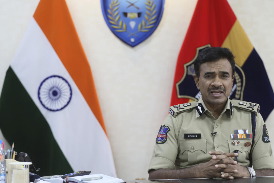 Hyderabad City Police Commissioner C.V. Anand, a staunch defender of the department's massive surveillance capabilities, speaks during an interview in Hyderabad, India, Saturday, April 23, 2022. Anand says their new command center, inaugurated in August, encourages using technologies across government departments, not just police. (AP Photo/Mahesh Kumar A.)