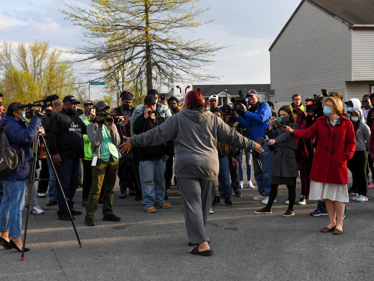 Hazel Bryant talks to the media after her niece Ma’Khia Bryant was fatally shot by a police officer in Columbus, Ohio on April 20, 2021.  (REUTERS)