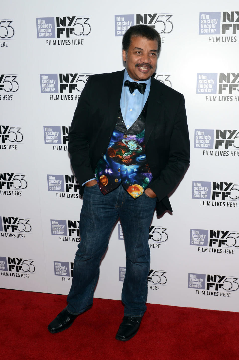 <p>While the actors are playing at being scientists, Neil deGrasse Tyson, an astrophysicist, cosmologist, and author, actually is one. So it comes as no surprise that the man with the most advanced degrees walked the red carpet in a tuxedo vest covered in planets. </p>