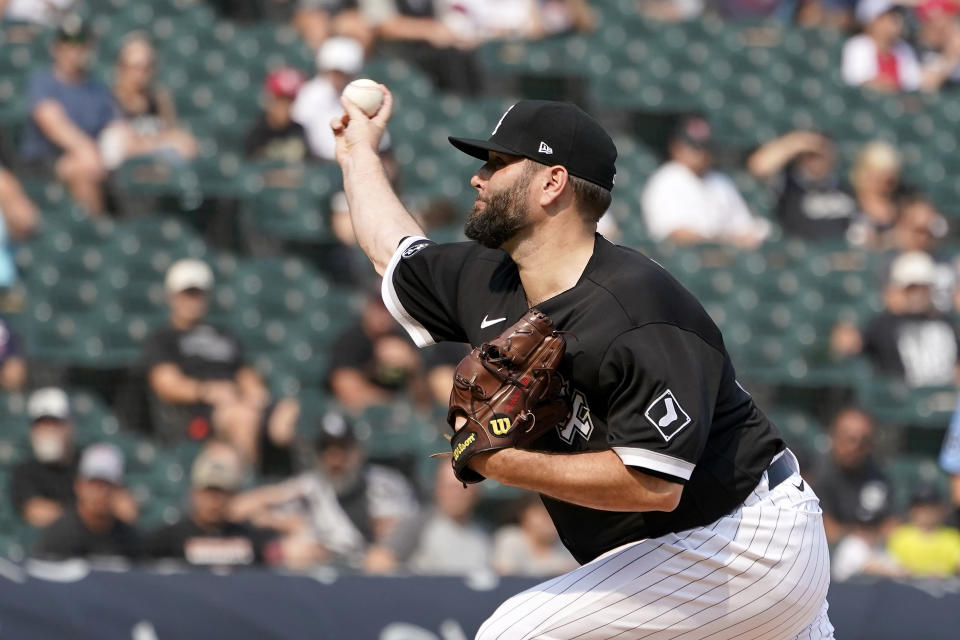 Chicago White Sox starting pitcher Lance Lynn delivers during the first inning of a baseball game against the Minnesota Twins Monday, July 19, 2021, in Chicago. (AP Photo/Charles Rex Arbogast)