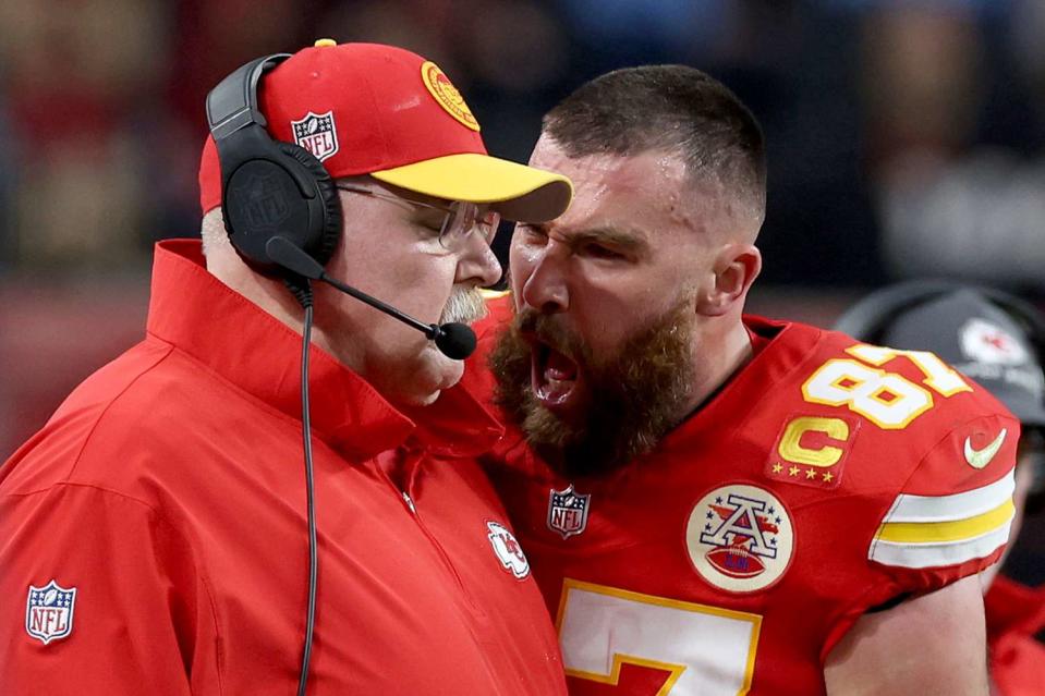 <p>Jamie Squire/Getty </p> Andy Reid and Travis Kelce