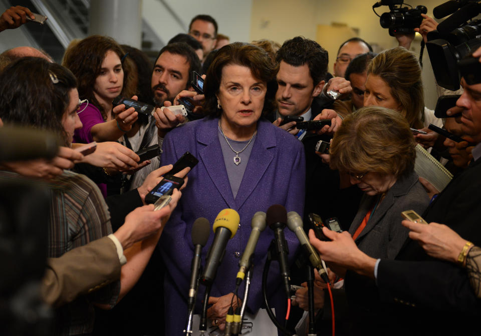 Feinstein speaks to the press in 2012