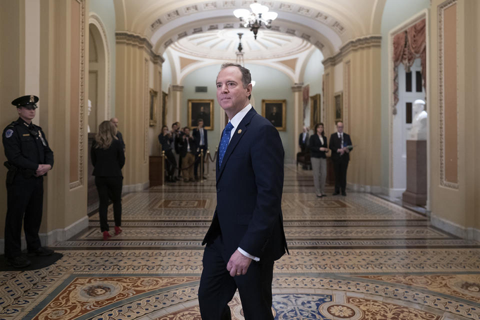 House Democratic impeachment manager, House Intelligence Committee Chairman Adam Schiff, D-Calif., arrives at the Senate as work resumes in the impeachment trial of President Donald Trump on charges of abuse of power and obstruction of Congress, at the Capitol in Washington, Saturday, Jan. 25, 2020. (AP Photo/J. Scott Applewhite)