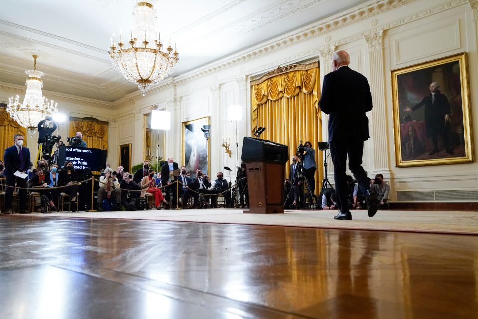 President Joe Biden arrives to speak about Ukraine in the East Room of the White House, on Feb. 22, 2022, in Washington.