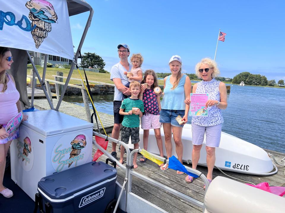 The Shechter and Lindeke family, returning customers, were ecstatic in early July to see the Sea Scoop boat at West Falmouth Harbor. Left to right: Adam Shechter, Chloe Shechter, Theodore Shechter, Ariana Shechter, Jessica Shechter and Caroline Lindeke.