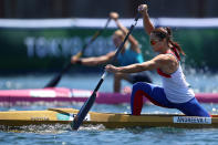 <p>TOKYO, JAPAN - AUGUST 04: Irina Andreeva of Team ROC competes during the Women's Canoe Single 200m Quarterfinal 2 on day twelve of the Tokyo 2020 Olympic Games at Sea Forest Waterway on August 04, 2021 in Tokyo, Japan. (Photo by Francois Nel/Getty Images)</p> 