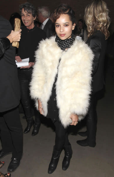 <b>Zoe Kravtiz</b><br><br>Zoe wrapped up warm in a cream fur coat and black boots at the La Perla show.<br><br>© Rex