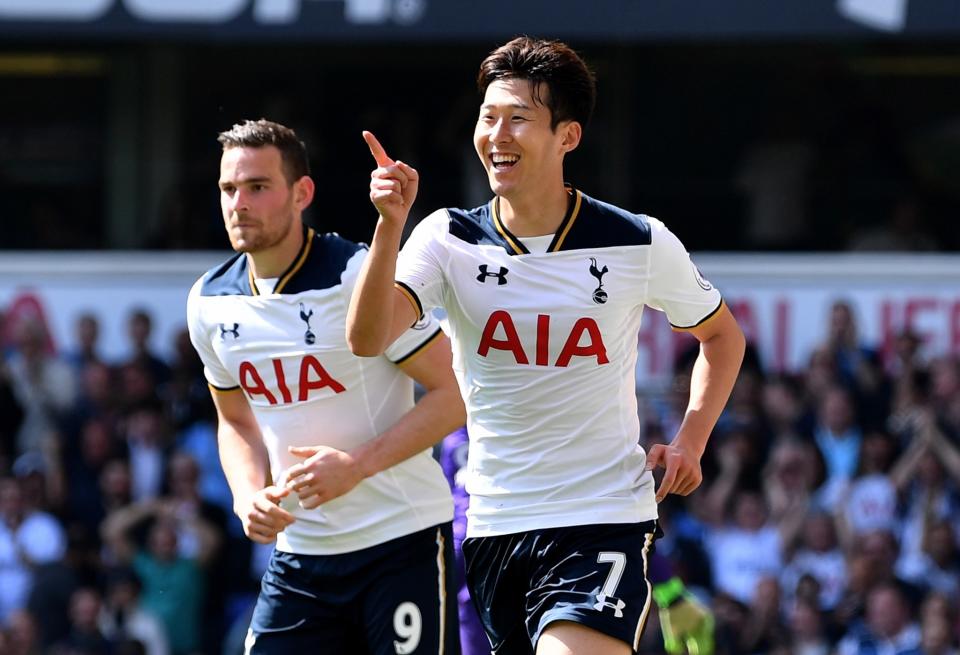 <p>Son celebrates his second and Tottenham’s fourth</p>