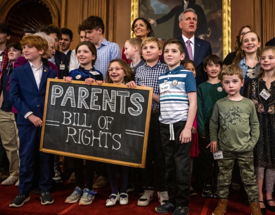 House Speaker Kevin McCarthy(R-CA), upper right, and other House GOP members hold a press event on March 1, 2023 at the U.S. Capitol in Washington, D.C., to highlight the introduction of the Parents Bill of Rights. (Photo by Bill O’Leary/The Washington Post via Getty Images)