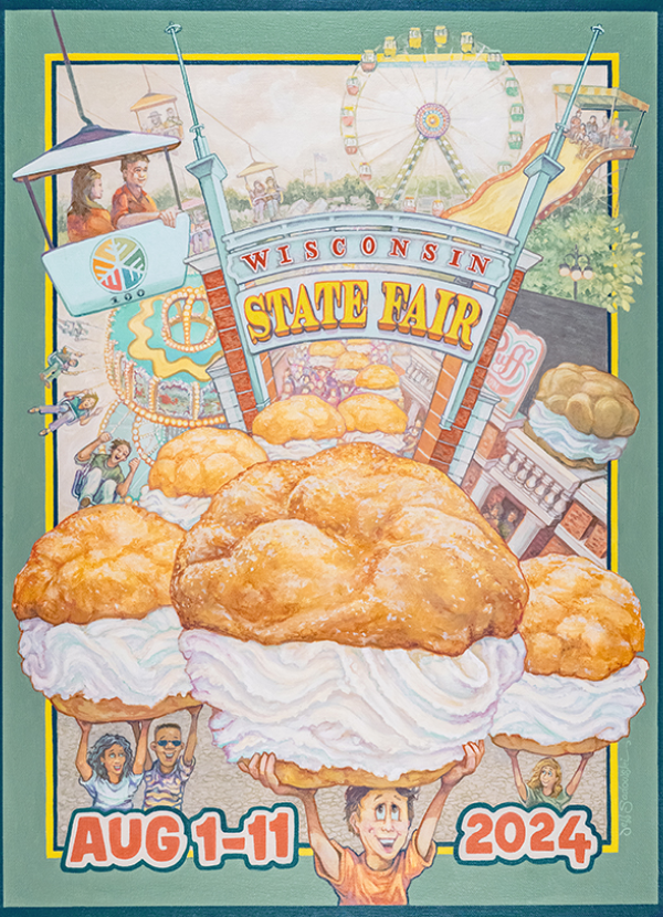 Jeff Sadowski of Brookfield won the 2024 Fairtastic poster competition sponsored by the Wisconsin State Fair Park Foundation. This artwork commemorates the 100th anniversary of the Wisconsin State Fair Cream Puff.