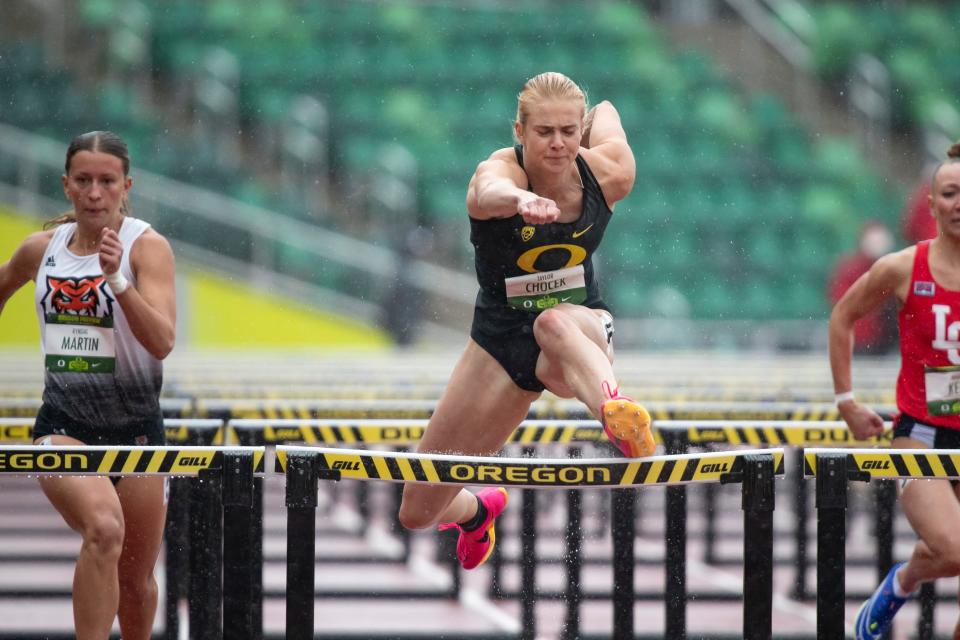 Oregon’s Taylor Chocek clips the final hurdle on her way to winning the women’s 100 meter hurdles at the Oregon Preview Saturday, March 23, 2024, at Hayward Field in Eugene, Ore.